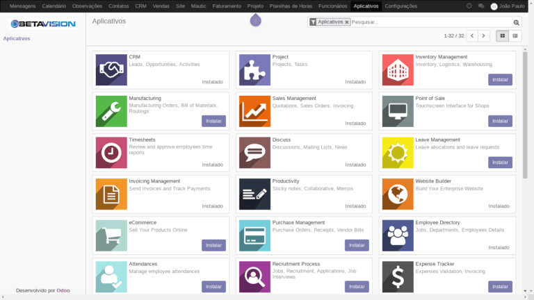 Lista de aplicativos disponíveis no Odoo