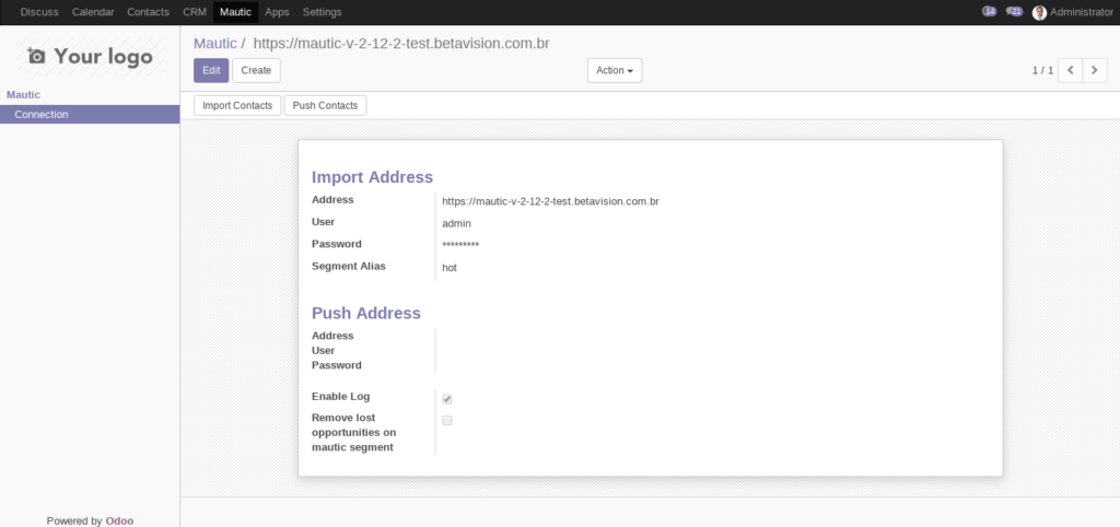 odoo mautic connection screen